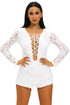 Sexy White Lace Long Sleeve Lace Up Front Playsuit